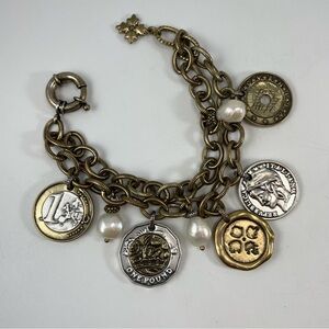 Stunning Gold Tone Chain Coin Pearl Double Layer Statement Dangle Bracelet